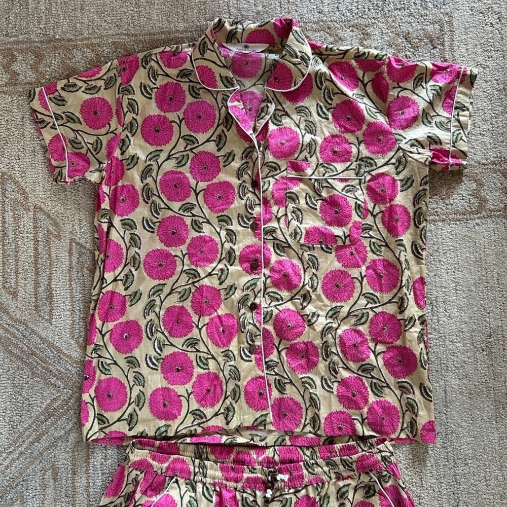 Cotton Floral Pajama Set Pink Block Print Shorts Loungewear Pockets Amranis M - Picture 3 of 13